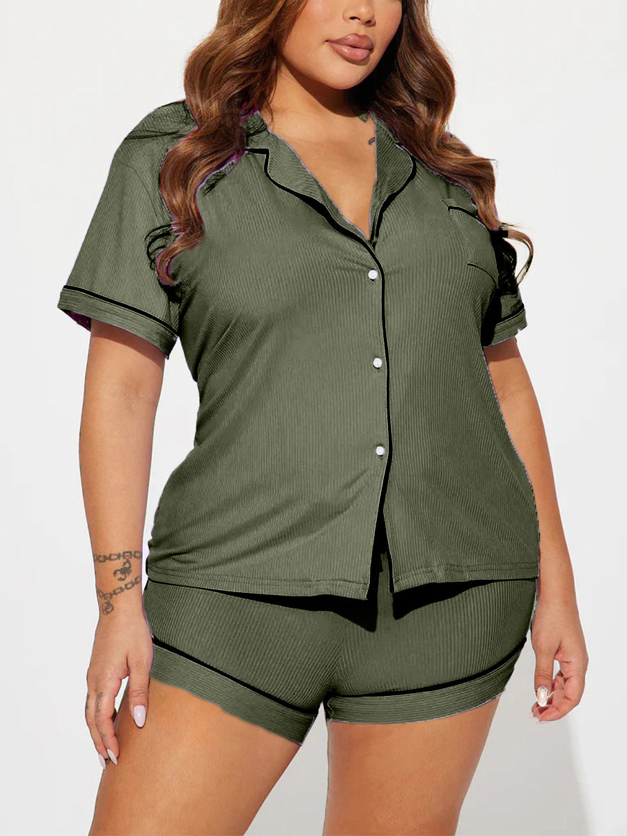 Solid Women's Pajamas Set Turn Down Collar Top & Shorts 2 Pieces Sleepwear Elastic Nightwear Homewear Cloth for Summer