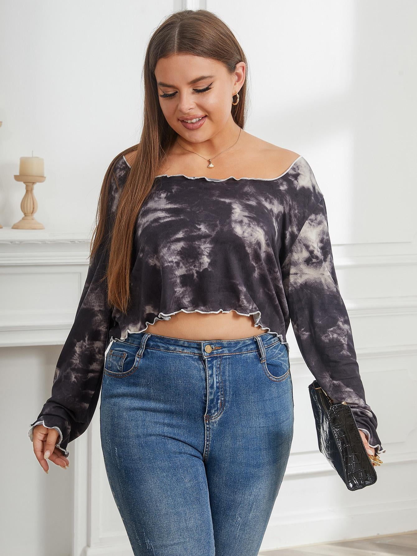 ebukurty Plus Size Long Sleeve Shirts Black Printed Off Shoulder T-shirt, Sizes 1XL-4XL