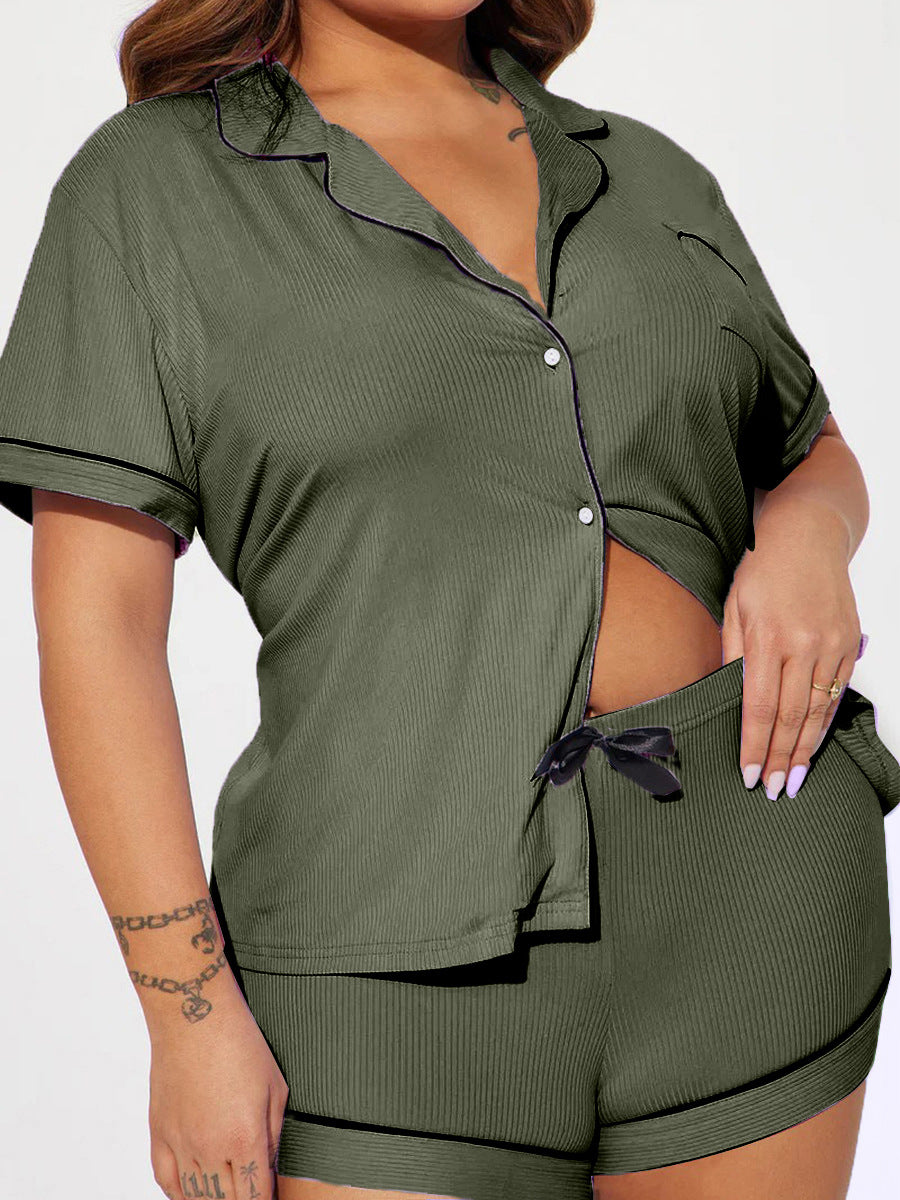 Solid Women's Pajamas Set Turn Down Collar Top & Shorts 2 Pieces Sleepwear Elastic Nightwear Homewear Cloth for Summer
