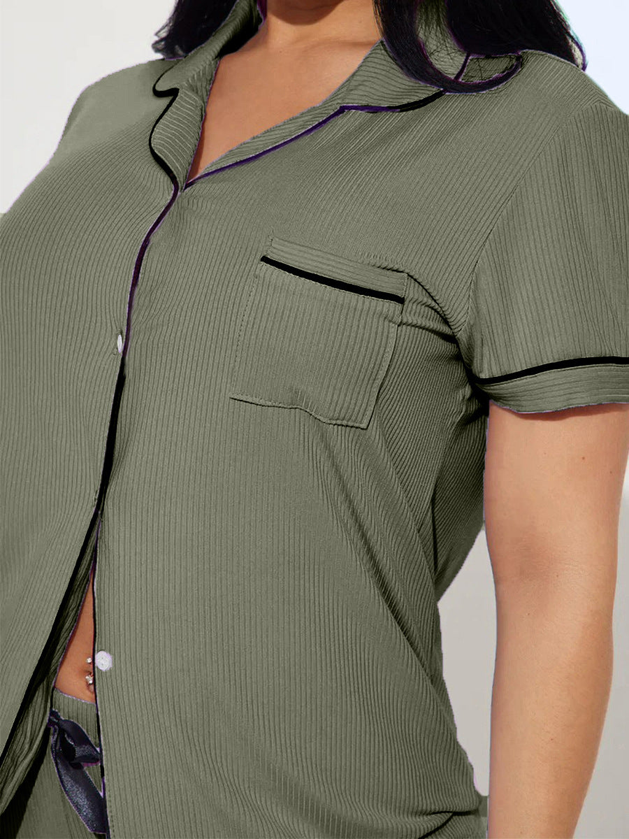 Solid Women's Pajamas Set Turn Down Collar Top & Shorts 2 Pieces Sleepwear Elastic Nightwear Homewear Cloth for Summer