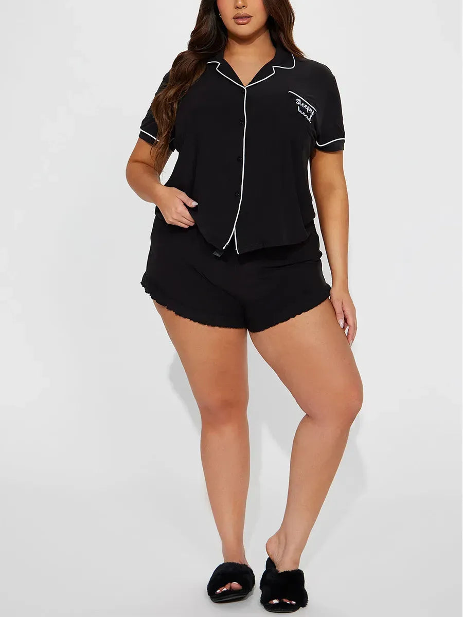 Summer Women's Pajamas Sets Short Sleeve Notched Collar Front Button Top & Elastic Waist Shorts Home Suit Loungewear Sleepwear