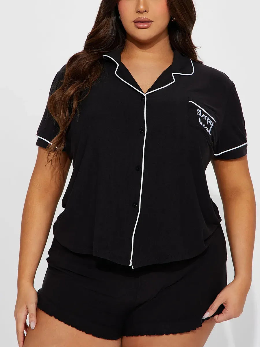 Summer Women's Pajamas Sets Short Sleeve Notched Collar Front Button Top & Elastic Waist Shorts Home Suit Loungewear Sleepwear