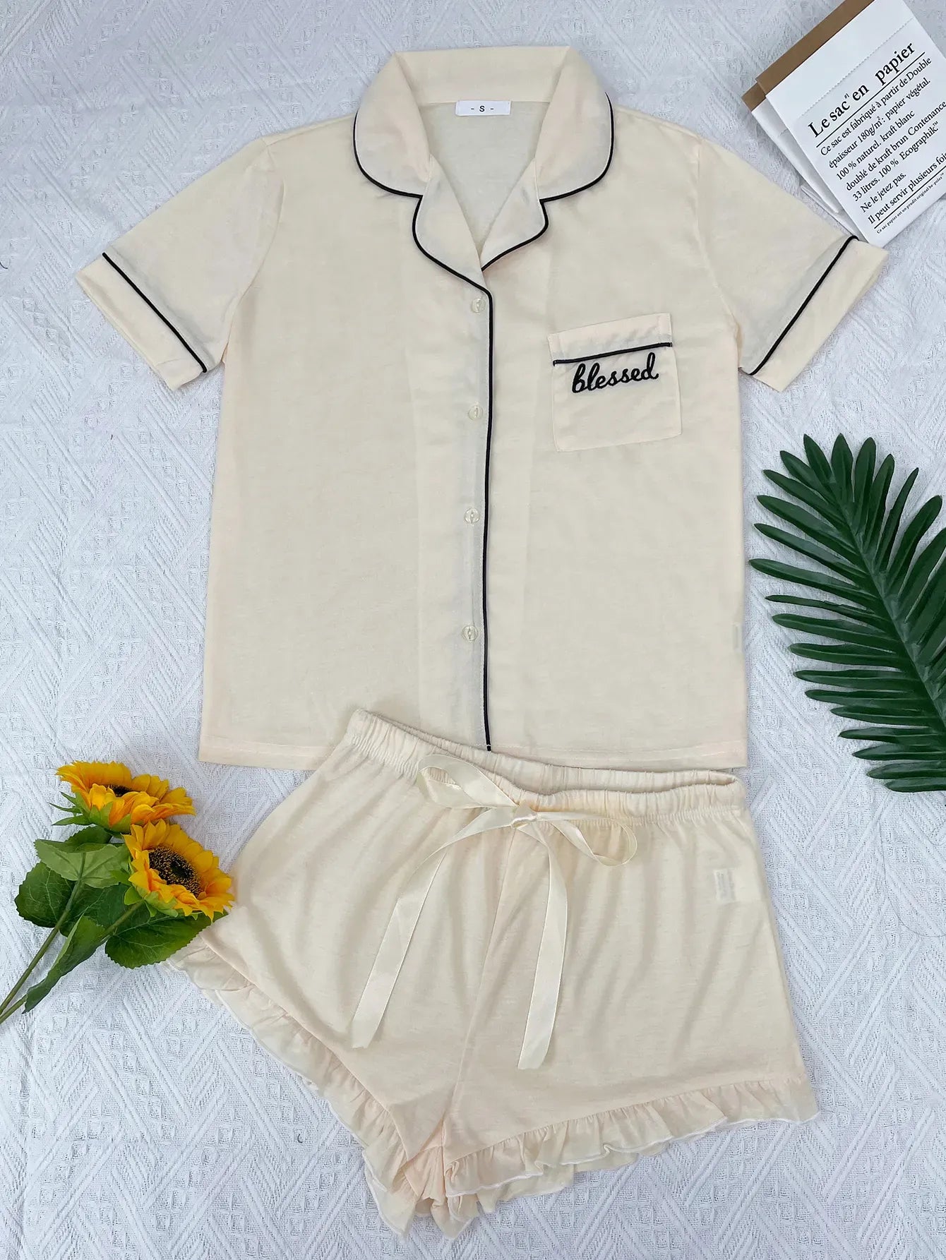 Summer Women's Pajamas Sets Short Sleeve Notched Collar Front Button Top & Elastic Waist Shorts Home Suit Loungewear Sleepwear