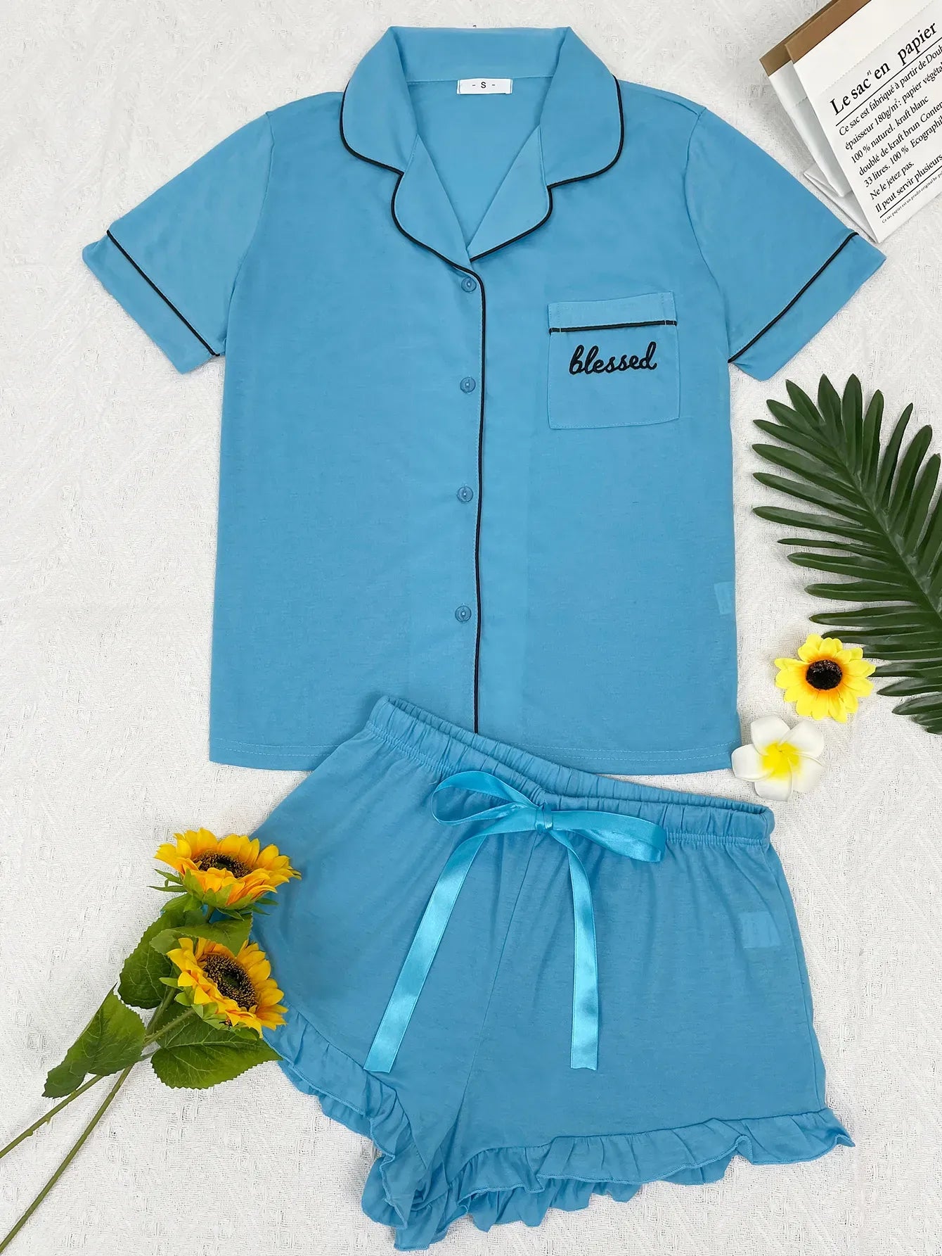 Summer Women's Pajamas Sets Short Sleeve Notched Collar Front Button Top & Elastic Waist Shorts Home Suit Loungewear Sleepwear