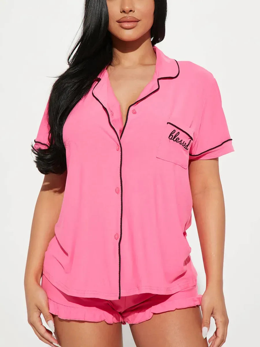 Summer Women's Pajamas Sets Short Sleeve Notched Collar Front Button Top & Elastic Waist Shorts Home Suit Loungewear Sleepwear