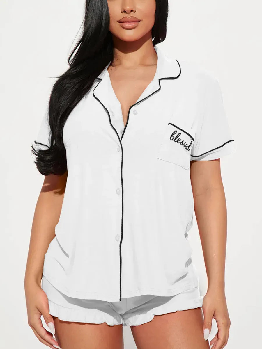 Summer Women's Pajamas Sets Short Sleeve Notched Collar Front Button Top & Elastic Waist Shorts Home Suit Loungewear Sleepwear