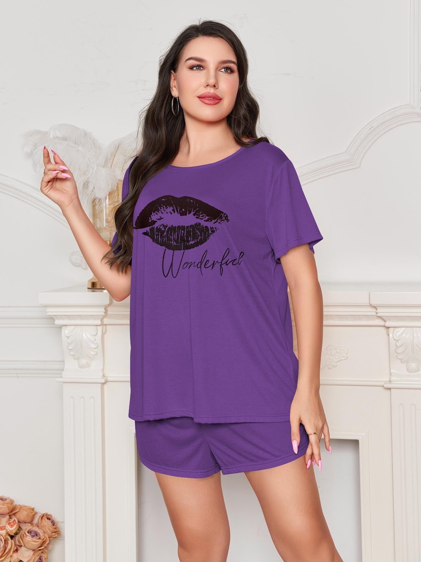 ebukurty Plus Size Pajama Set 2 Piece Short Sleeve Top and Shorts Soft Loungewear, Sizes 1XL-5XL