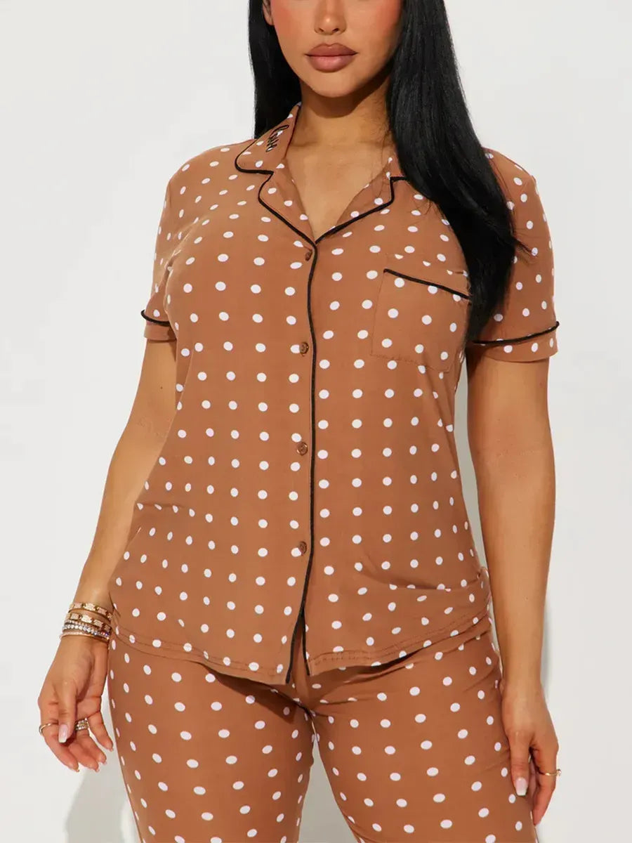 Heart Print Women Pajamas Set Short Sleeve Front Button Tops & Long Pants Female 2 Pieces Notched Collor Sleepwear Nightwear