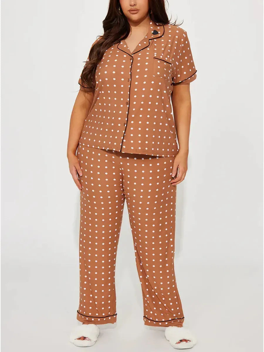 Heart Print Women Pajamas Set Short Sleeve Front Button Tops & Long Pants Female 2 Pieces Notched Collor Sleepwear Nightwear
