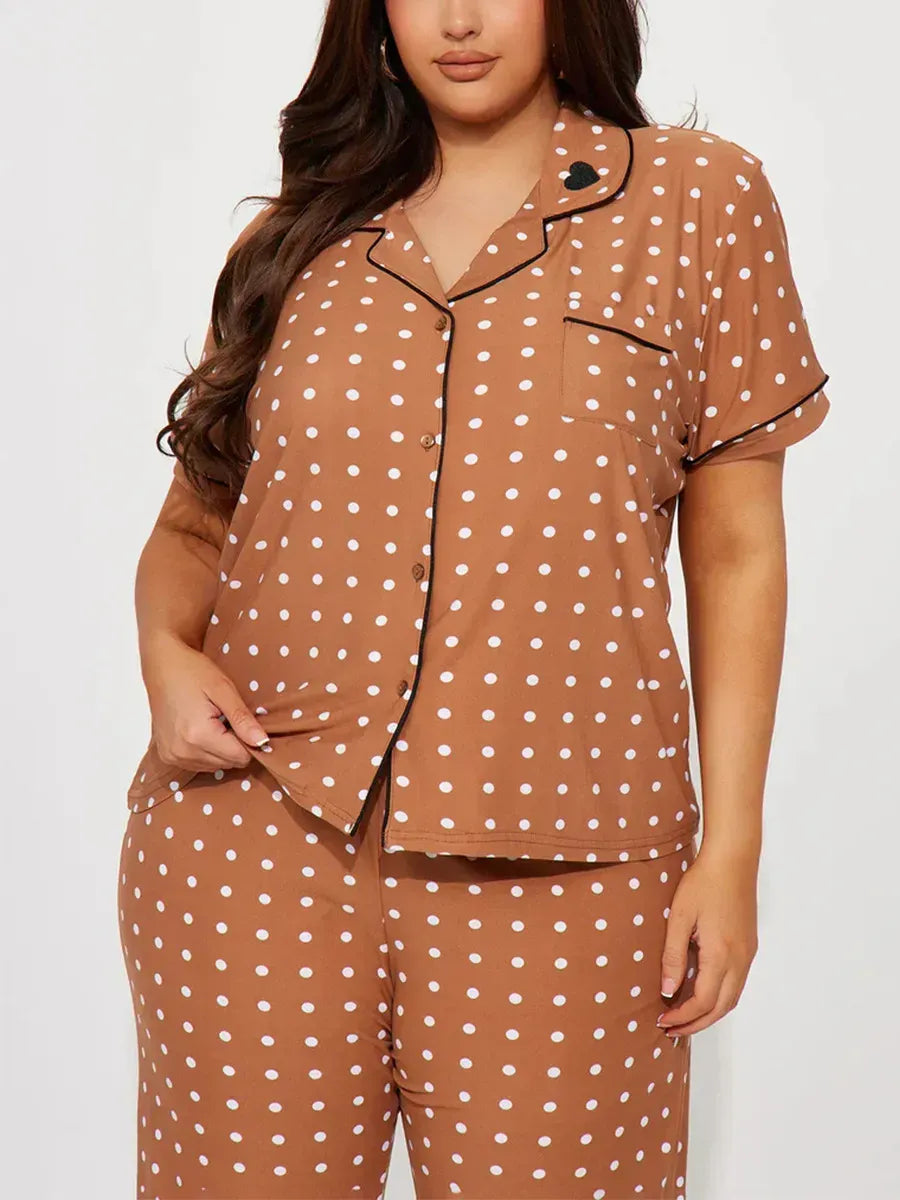 Heart Print Women Pajamas Set Short Sleeve Front Button Tops & Long Pants Female 2 Pieces Notched Collor Sleepwear Nightwear