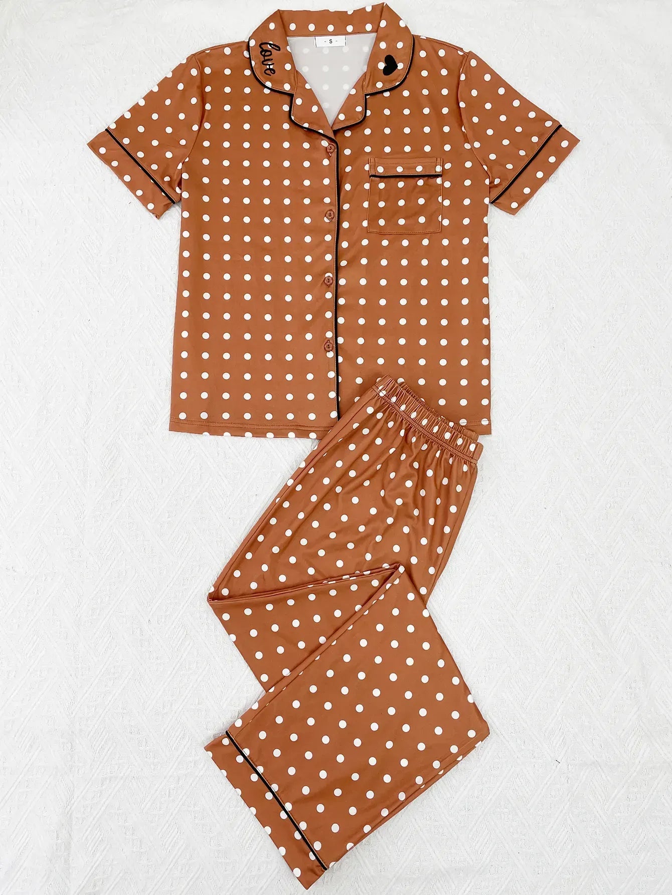 Heart Print Women Pajamas Set Short Sleeve Front Button Tops & Long Pants Female 2 Pieces Notched Collor Sleepwear Nightwear