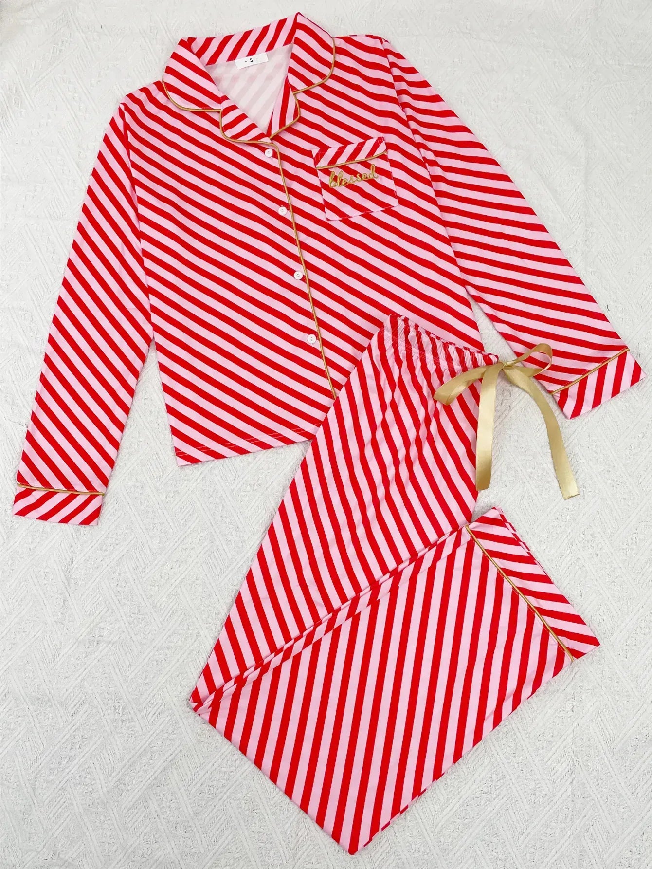 Striped Women Pajama Set Long Sleeves Turn Down Collar Top & Full-length Pants Female 2 Pieces Sleepwear Nightwear Homewear