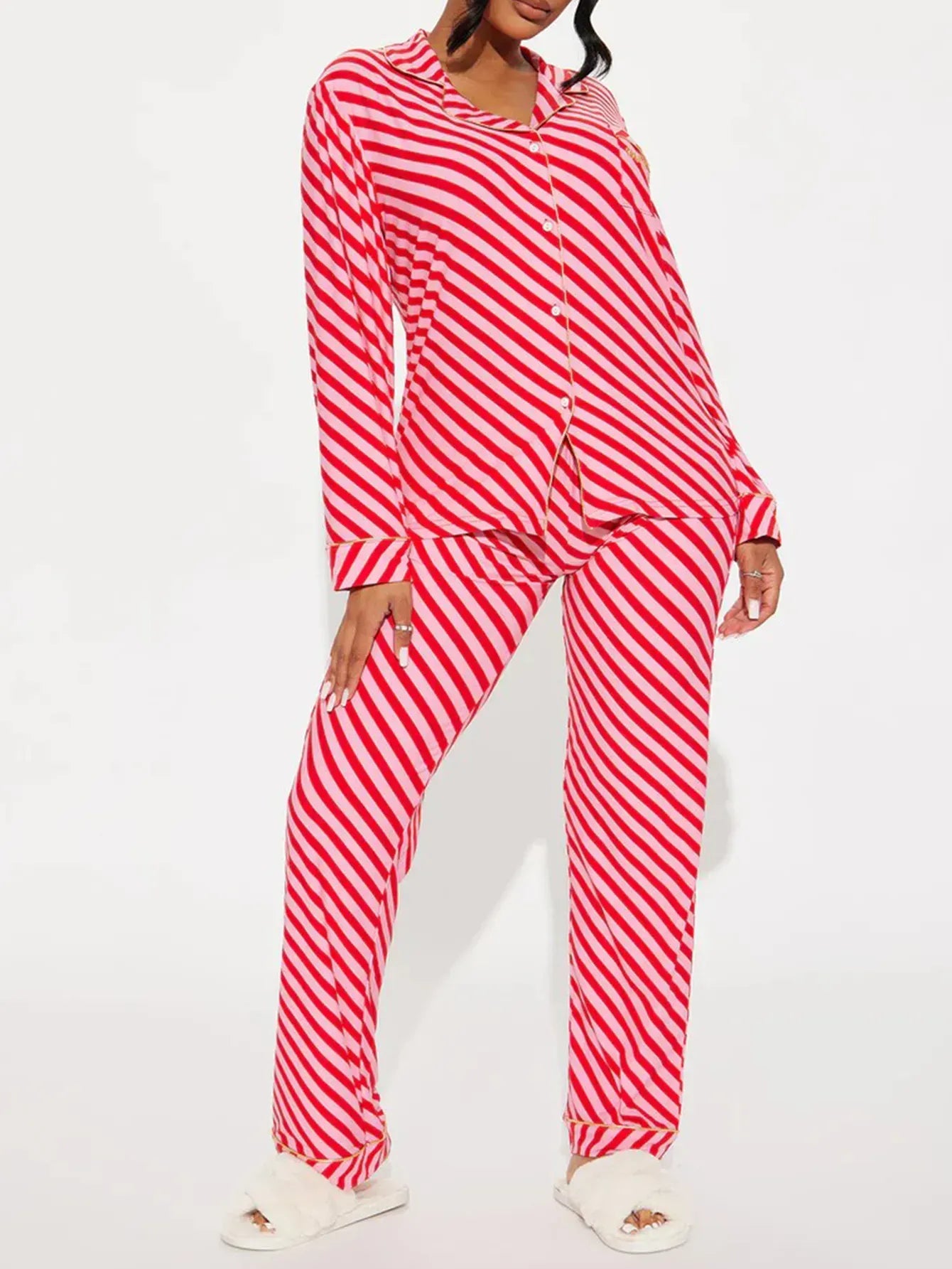 Striped Women Pajama Set Long Sleeves Turn Down Collar Top & Full-length Pants Female 2 Pieces Sleepwear Nightwear Homewear