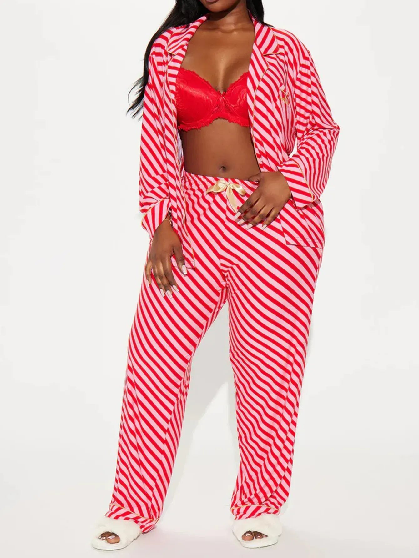 Striped Women Pajama Set Long Sleeves Turn Down Collar Top & Full-length Pants Female 2 Pieces Sleepwear Nightwear Homewear