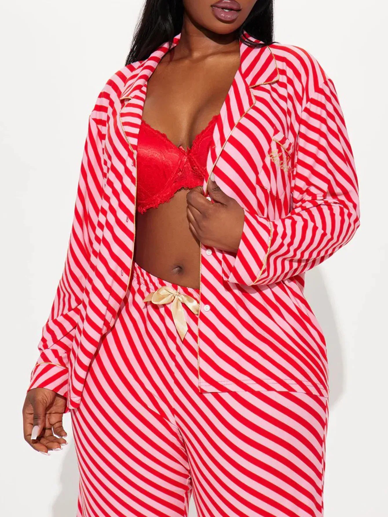 Striped Women Pajama Set Long Sleeves Turn Down Collar Top & Full-length Pants Female 2 Pieces Sleepwear Nightwear Homewear