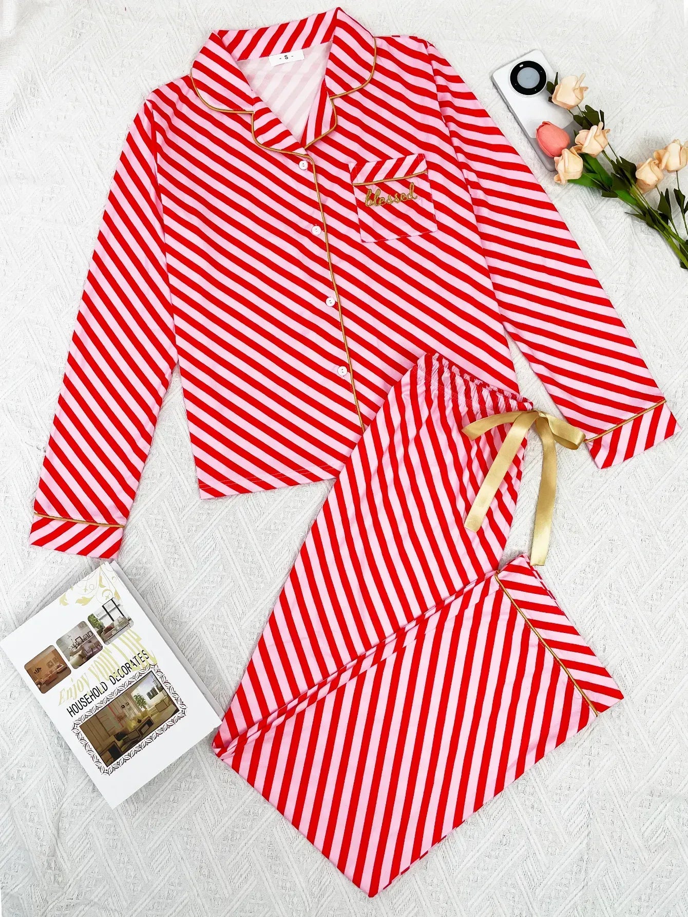 Striped Women Pajama Set Long Sleeves Turn Down Collar Top & Full-length Pants Female 2 Pieces Sleepwear Nightwear Homewear