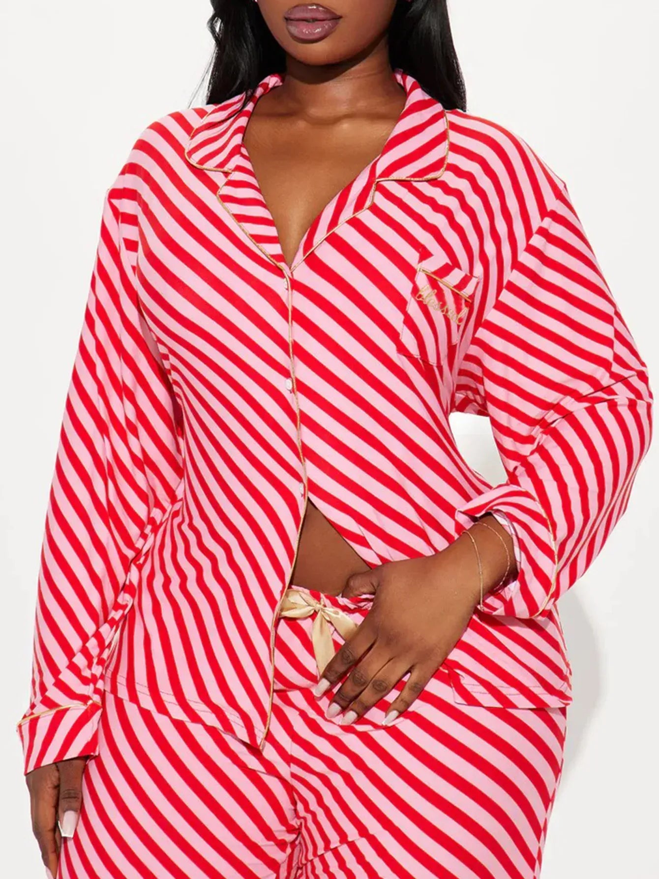 Striped Women Pajama Set Long Sleeves Turn Down Collar Top & Full-length Pants Female 2 Pieces Sleepwear Nightwear Homewear