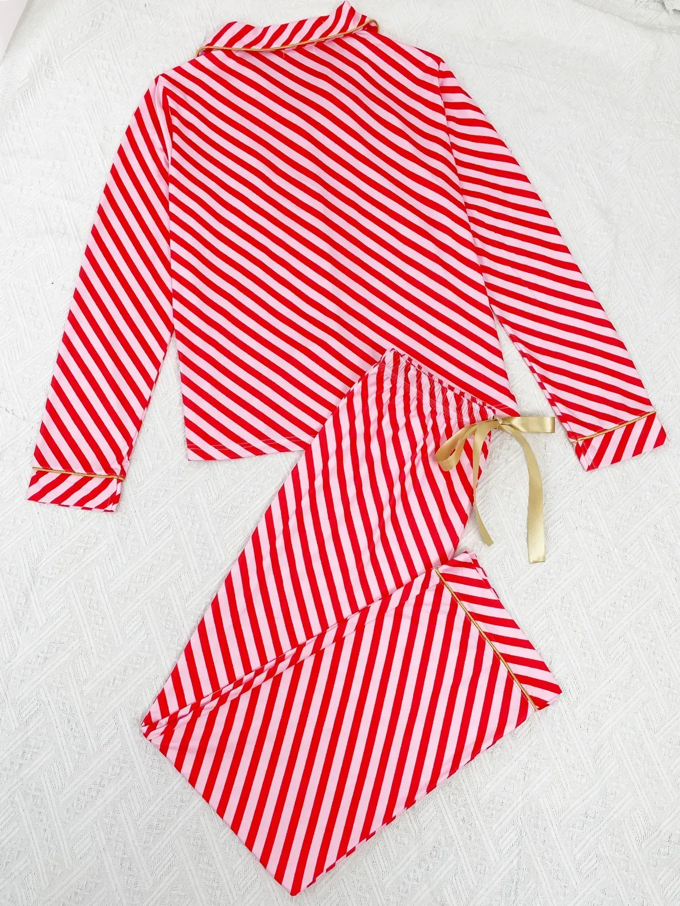 Striped Women Pajama Set Long Sleeves Turn Down Collar Top & Full-length Pants Female 2 Pieces Sleepwear Nightwear Homewear