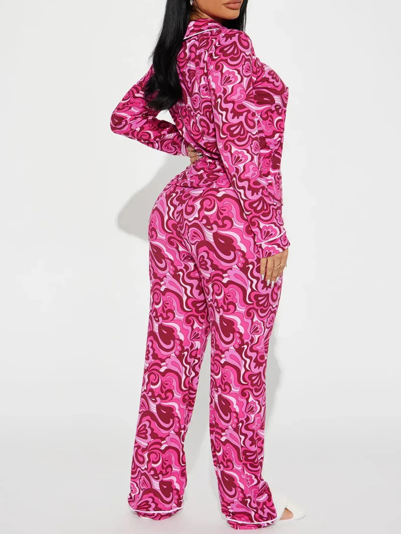 Striped Women Pajama Set Long Sleeves Turn Down Collar Top & Full-length Pants Female 2 Pieces Sleepwear Nightwear Homewear