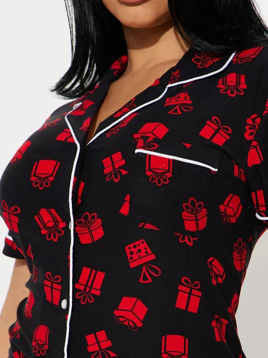 Diagonal Stripes Print Women Pajama Set Short Sleeves Turn Down Collar Top & Shorts Female 2 Pcs Sleepwear Nightwear Homewear