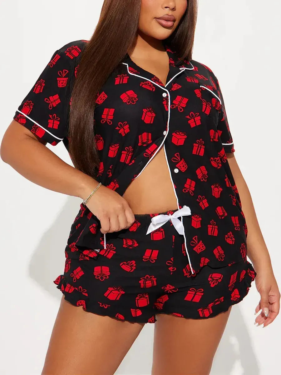 Diagonal Stripes Print Women Pajama Set Short Sleeves Turn Down Collar Top & Shorts Female 2 Pcs Sleepwear Nightwear Homewear