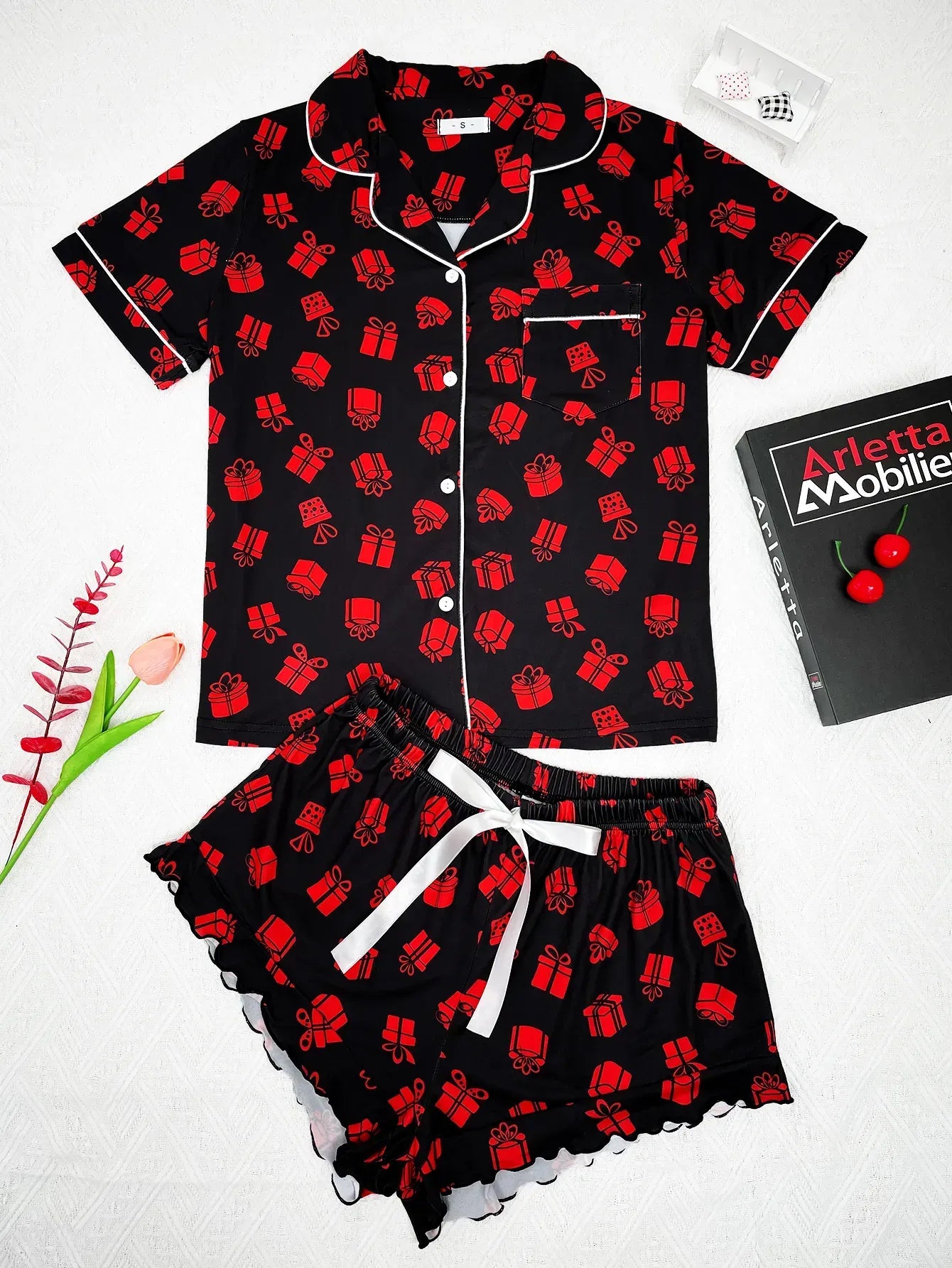 Diagonal Stripes Print Women Pajama Set Short Sleeves Turn Down Collar Top & Shorts Female 2 Pcs Sleepwear Nightwear Homewear