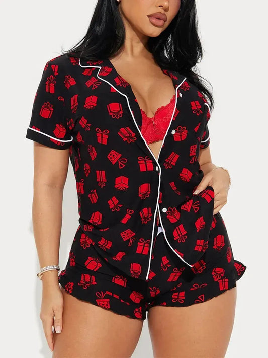 Diagonal Stripes Print Women Pajama Set Short Sleeves Turn Down Collar Top & Shorts Female 2 Pcs Sleepwear Nightwear Homewear