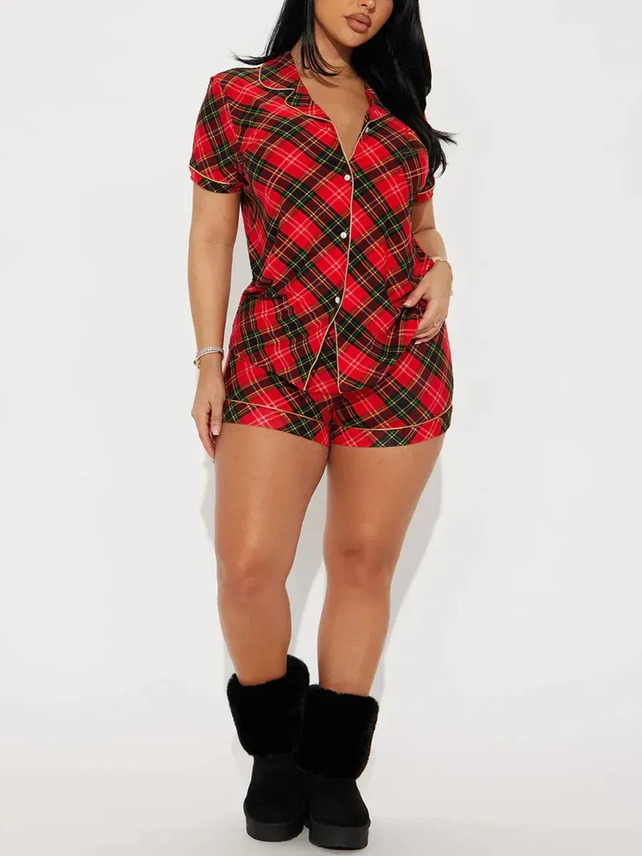 Cherry Print Women's Pajamas Set Turn Down Collar Top & Shorts 2 Pieces Sleepwear Elastic Nightwear Homewear Cloth for Summer