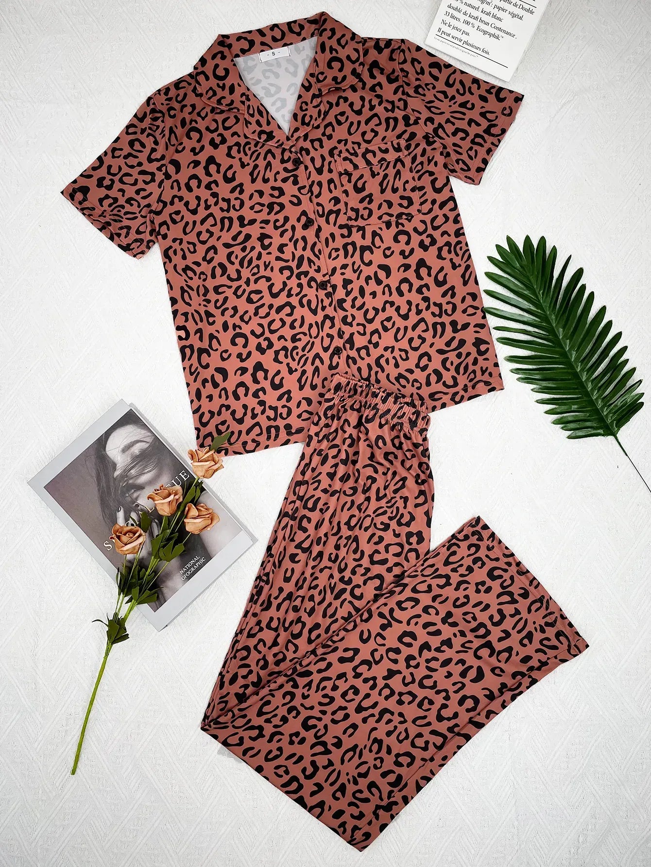 Heart Print Women Pajamas Set Short Sleeve Front Button Tops & Long Pants Female 2 Pieces Notched Collor Sleepwear Nightwear