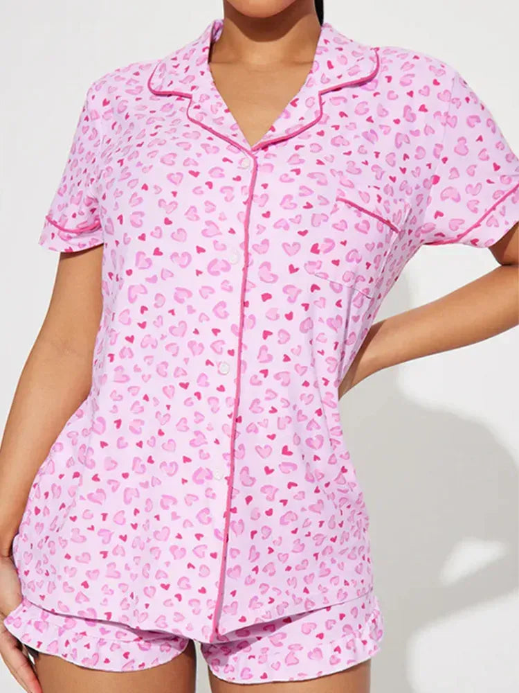 Diagonal Stripes Print Women Pajama Set Short Sleeves Turn Down Collar Top & Shorts Female 2 Pcs Sleepwear Nightwear Homewear