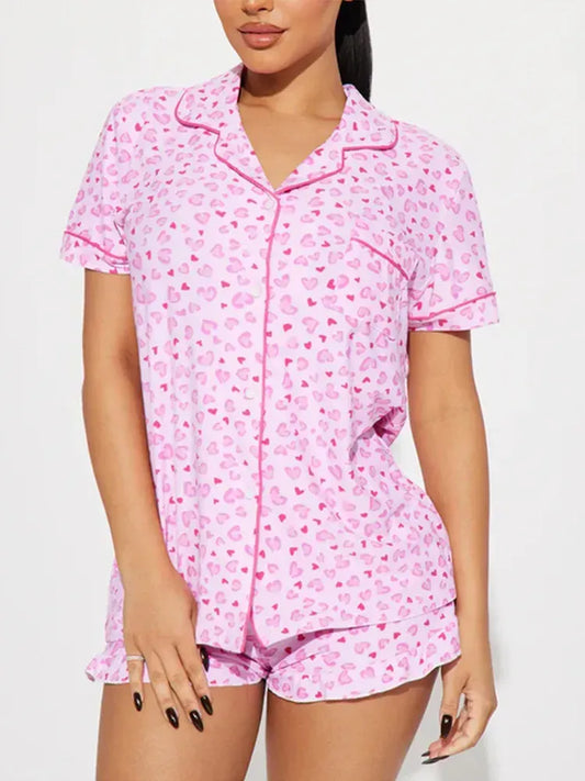 Diagonal Stripes Print Women Pajama Set Short Sleeves Turn Down Collar Top & Shorts Female 2 Pcs Sleepwear Nightwear Homewear