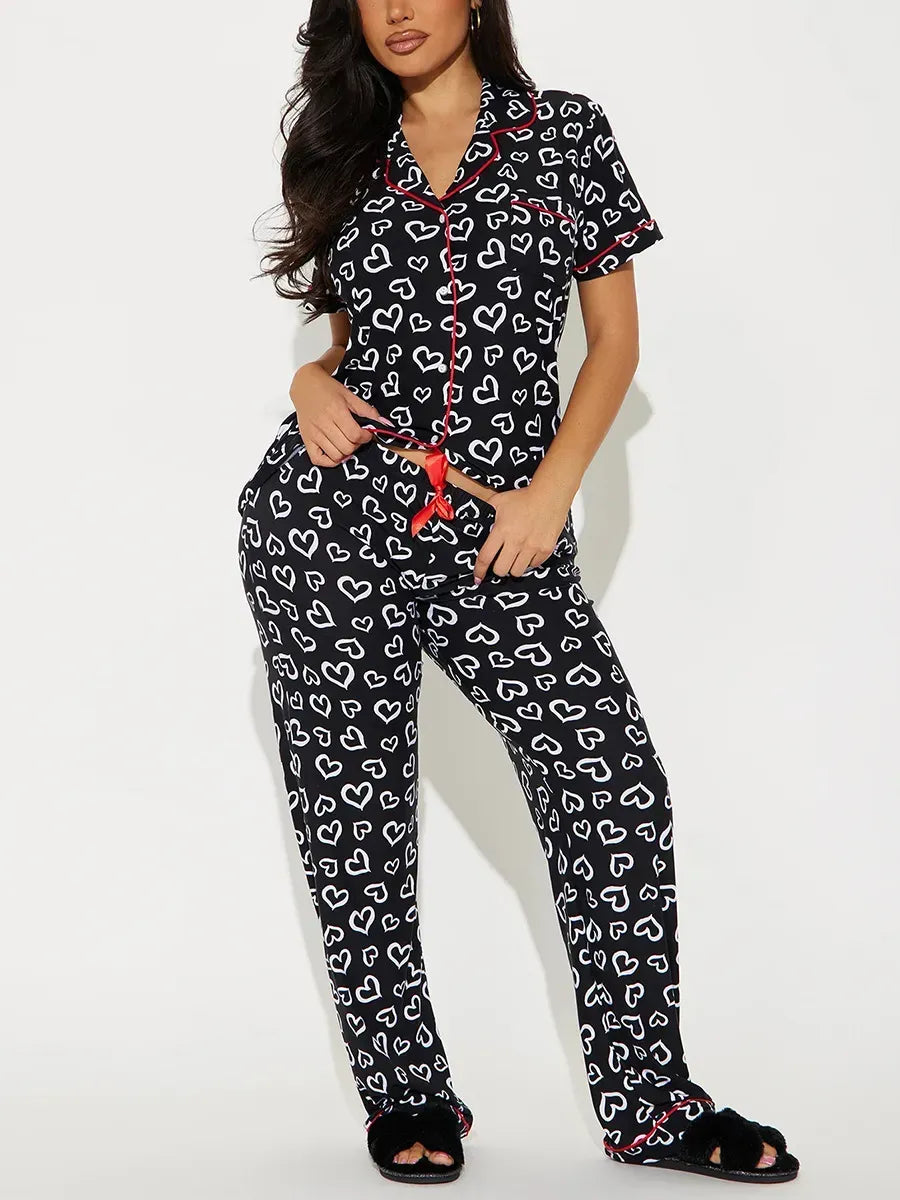 Heart Print Women Pajamas Set Short Sleeve Front Button Tops & Long Pants Female 2 Pieces Notched Collor Sleepwear Nightwear