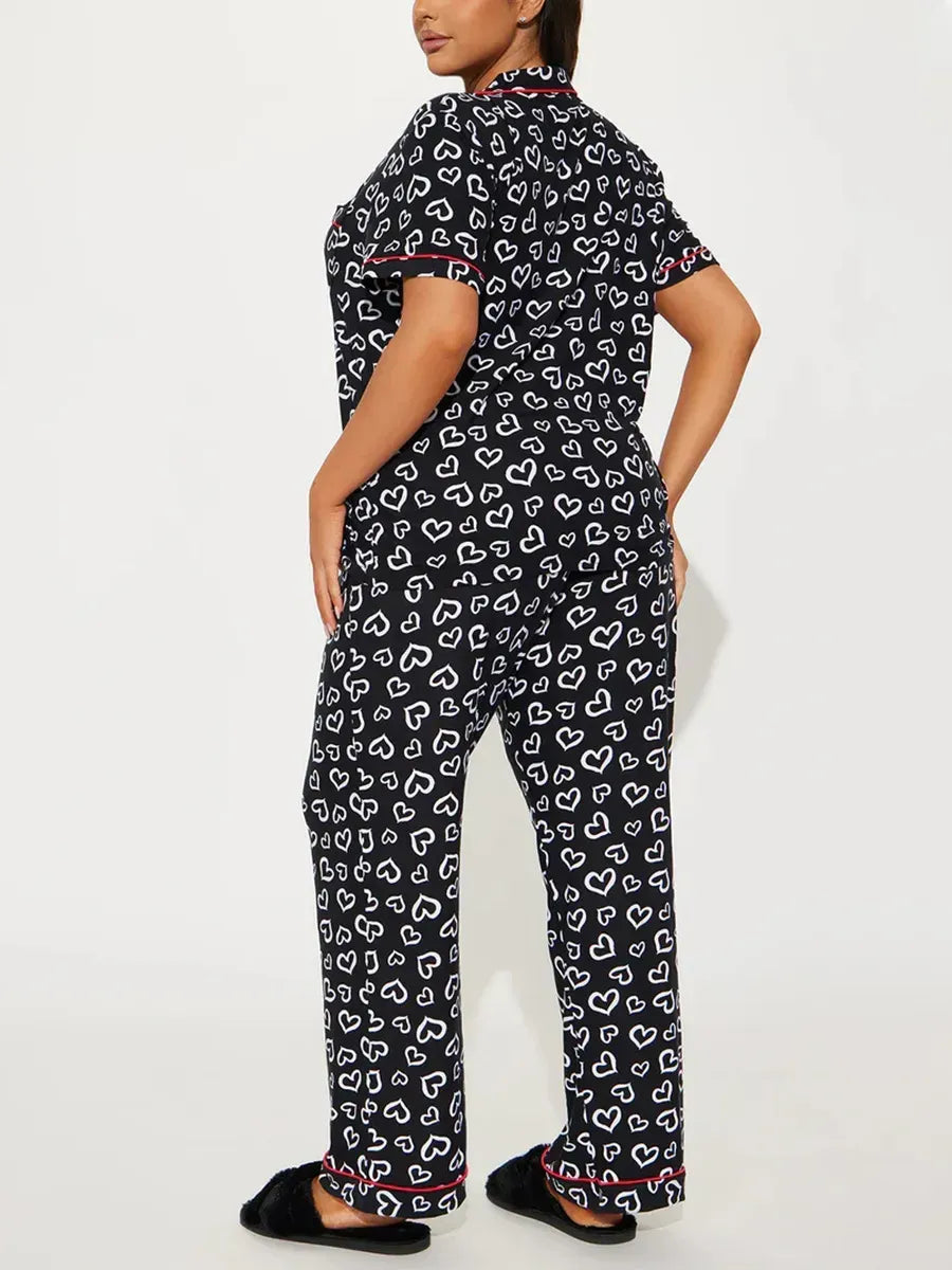 Heart Print Women Pajamas Set Short Sleeve Front Button Tops & Long Pants Female 2 Pieces Notched Collor Sleepwear Nightwear
