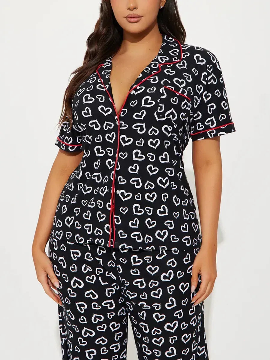 Heart Print Women Pajamas Set Short Sleeve Front Button Tops & Long Pants Female 2 Pieces Notched Collor Sleepwear Nightwear