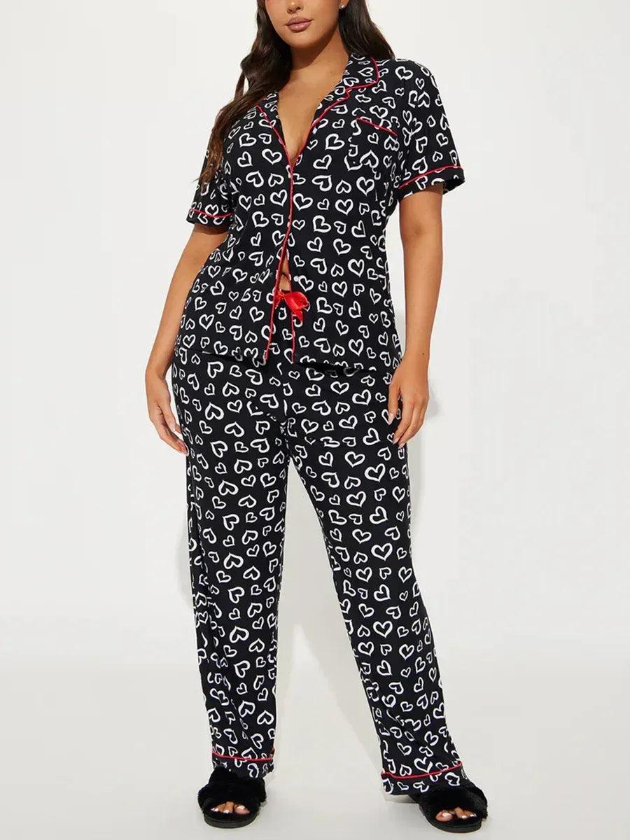 Heart Print Women Pajamas Set Short Sleeve Front Button Tops & Long Pants Female 2 Pieces Notched Collor Sleepwear Nightwear