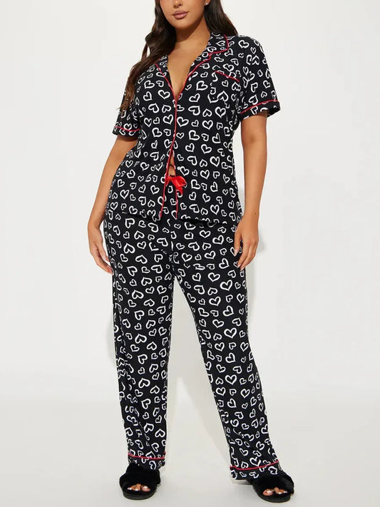 Heart Print Women Pajamas Set Short Sleeve Front Button Tops & Long Pants Female 2 Pieces Notched Collor Sleepwear Nightwear