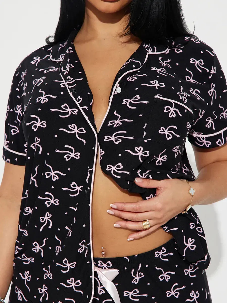 Cherry Print Women's Pajamas Set Turn Down Collar Top & Shorts 2 Pieces Sleepwear Elastic Nightwear Homewear Cloth for Summer