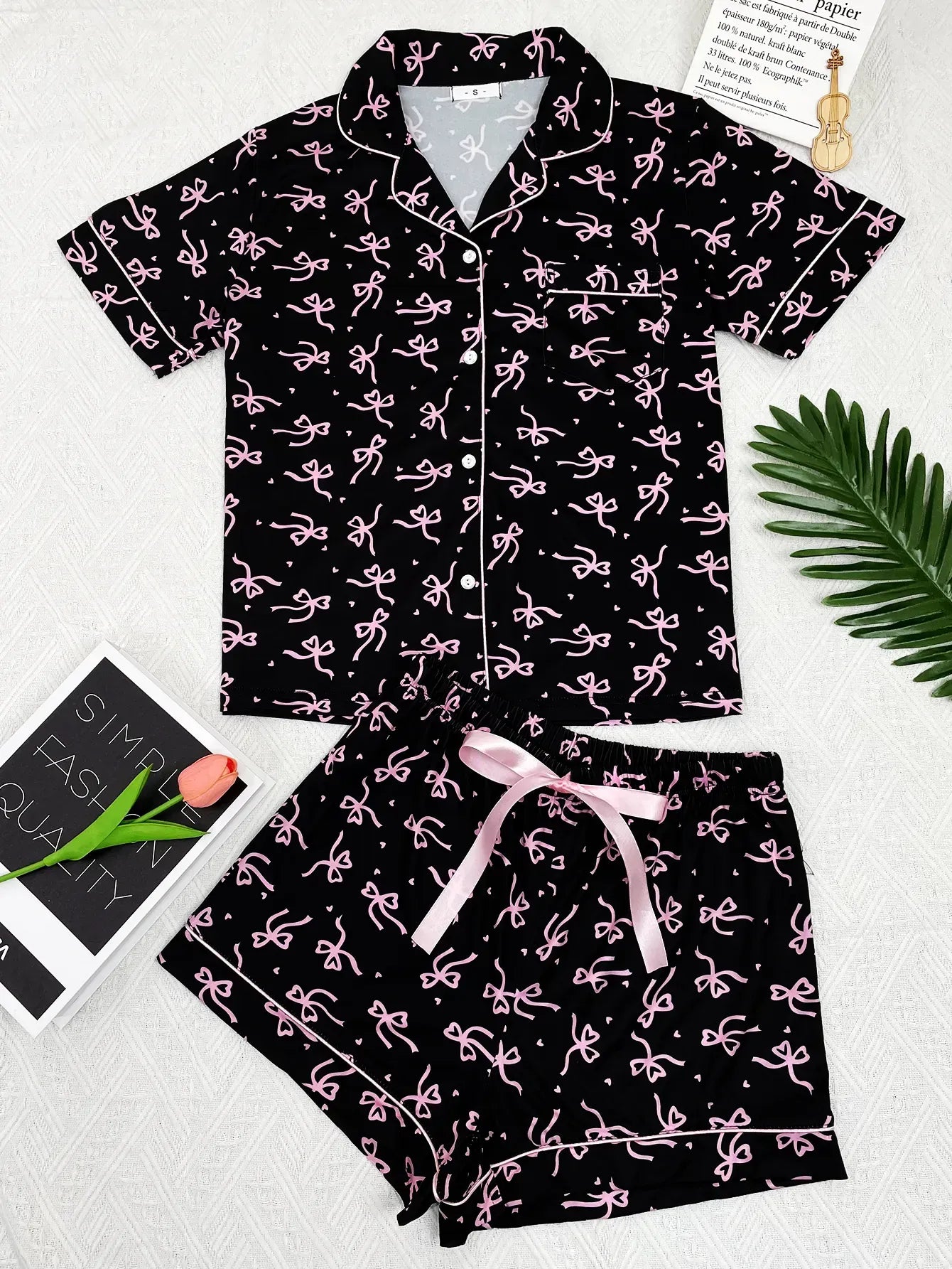 Cherry Print Women's Pajamas Set Turn Down Collar Top & Shorts 2 Pieces Sleepwear Elastic Nightwear Homewear Cloth for Summer
