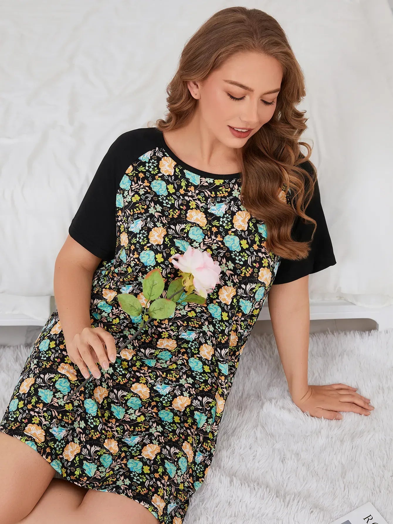Plus Size Floral Print Women Nightgown Short Sleeves Female Sleepwear O Neck Nightwear Homwear Summer Clothing Oversized 1-6XL