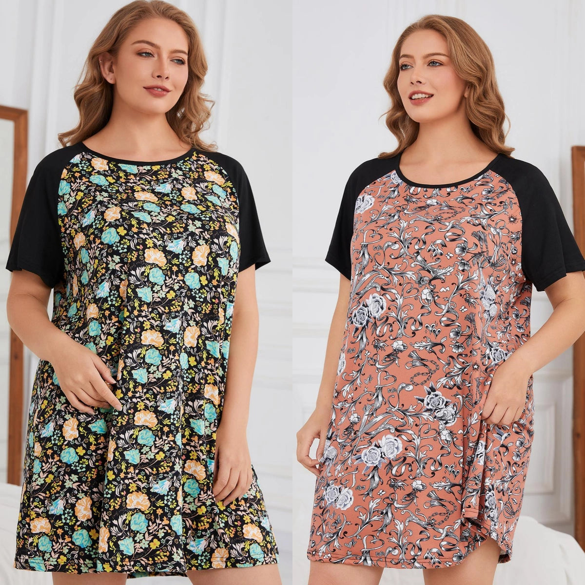 Plus Size Floral Print Women Nightgown Short Sleeves Female Sleepwear O Neck Nightwear Homwear Summer Clothing Oversized 1-6XL