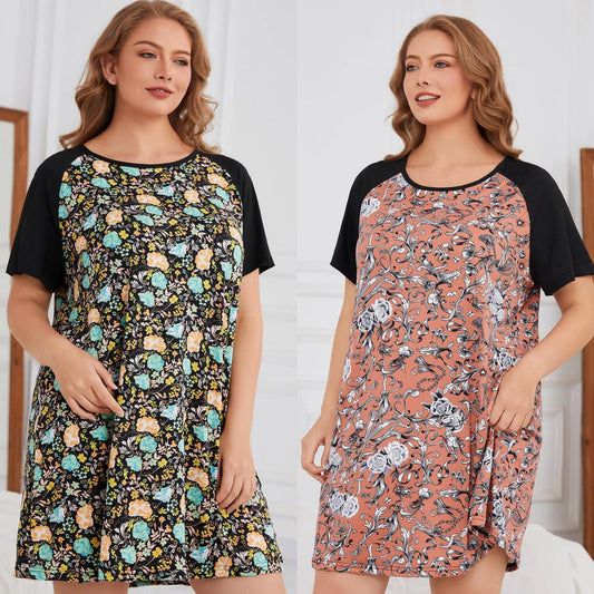 Plus Size Floral Print Women Nightgown Short Sleeves Female Sleepwear O Neck Nightwear Homwear Summer Clothing Oversized 1-6XL