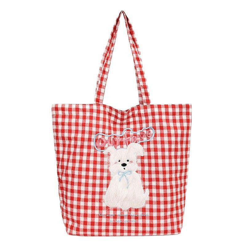 Cute plush dog embroidered shoulder bag, checkered canvas bag, casual and versatile, large capacity student backpack