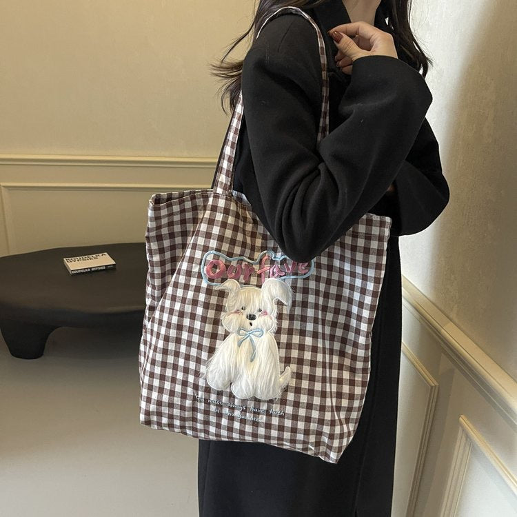 Cute plush dog embroidered shoulder bag, checkered canvas bag, casual and versatile, large capacity student backpack