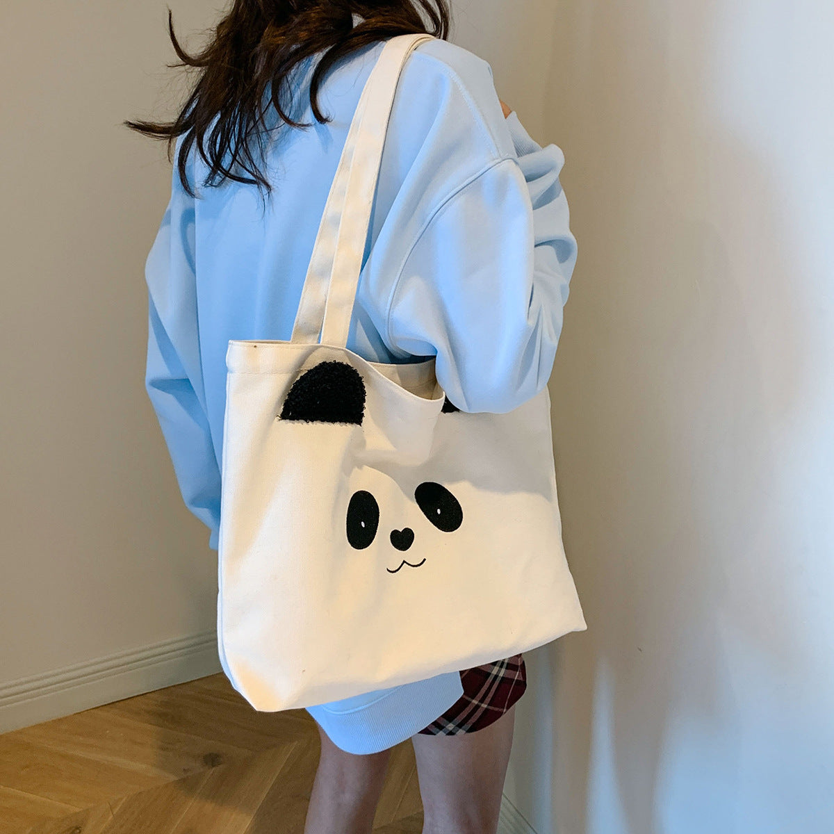 2025 new canvas tote bag, women's bag, panda shopping, large capacity single shoulder handbag, crossbody casual travel essential