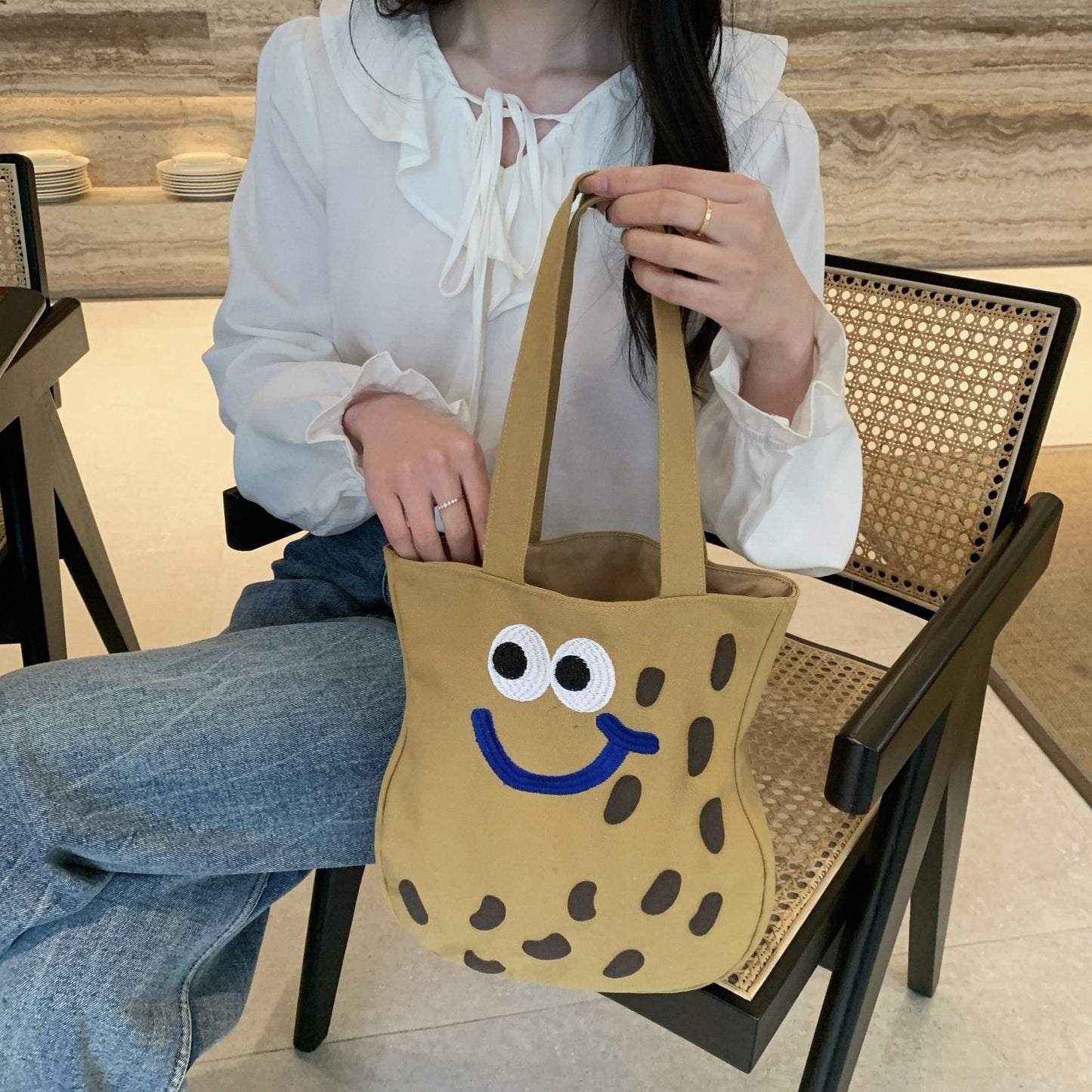 Large Capacity Handbag Original Versatile Bag Women's Cartoon Canvas Single Shoulder Embroidery Japanese Cute Art