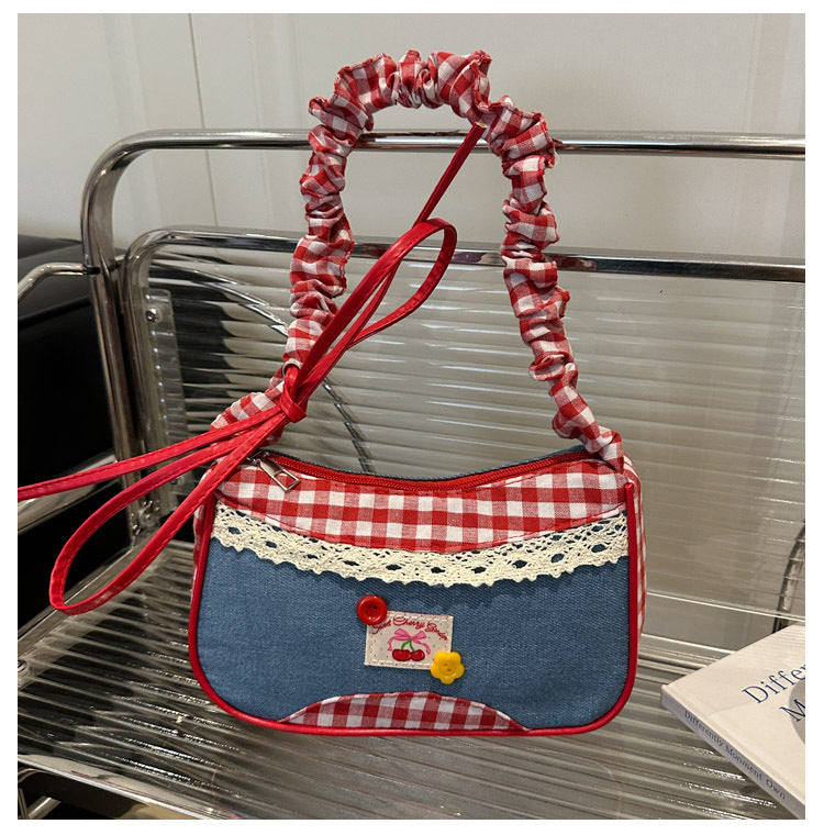Cute and versatile shoulder bag, plaid small fresh hand-held commuting bag, niche design, large capacity casual armpit bag