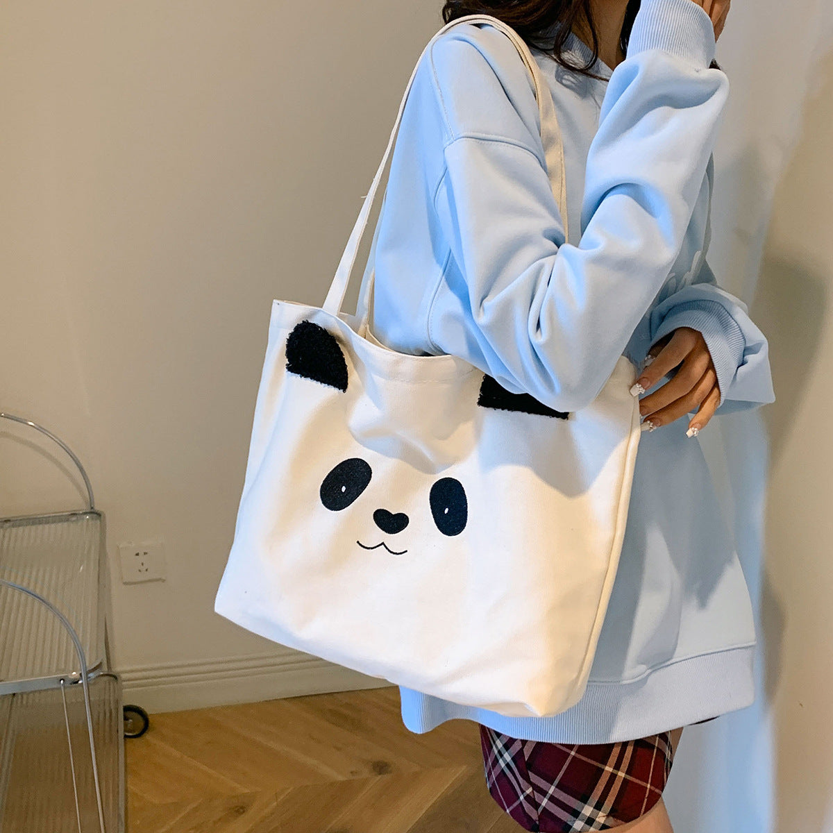 2025 new canvas tote bag, women's bag, panda shopping, large capacity single shoulder handbag, crossbody casual travel essential