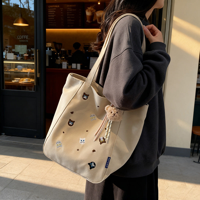 Embroidery cat high-end tote bag 2025 new artistic cute portable shoulder crossbody bag canvas bag