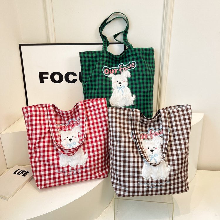 Cute plush dog embroidered shoulder bag, checkered canvas bag, casual and versatile, large capacity student backpack