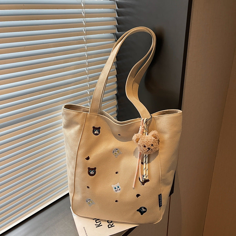 Embroidery cat high-end tote bag 2025 new artistic cute portable shoulder crossbody bag canvas bag